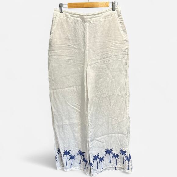 Calypso St. Barth White Linen Pants Blue Palm Tree Print Coastal Resort Wear - Picture 9 of 9